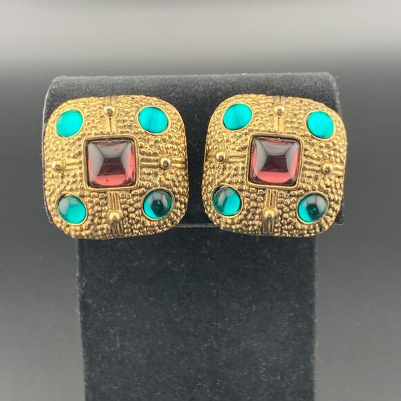 Vintage Gold Tone Glass Cabochon Purple Turquoise Green Clip on Earrings 1-1/8" - Picture 2 of 3